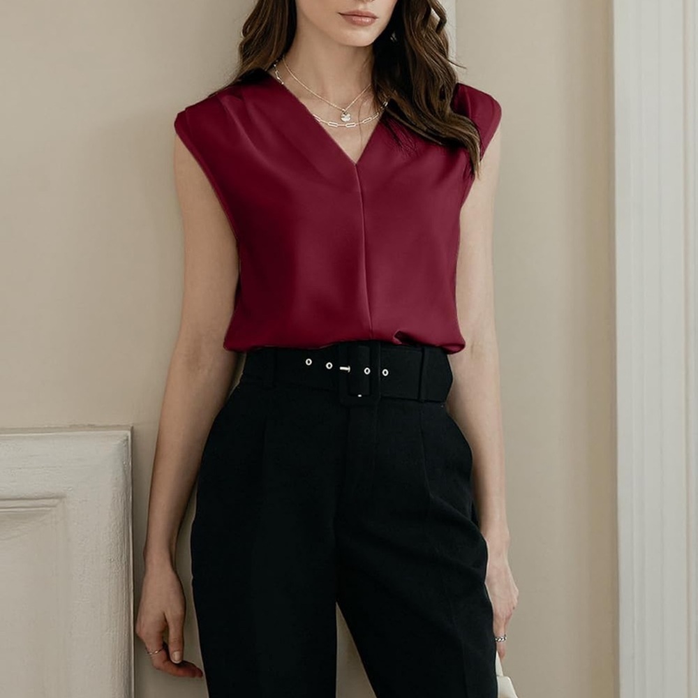 Satin V-Neck Sleeveless Camisole in Burgundy - Picture 2 of 3